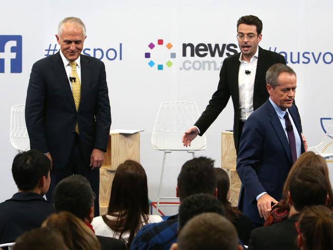 Prime Minister Malcolm Turnbull and Opposition Leader Bill Shorten take part in the news.com.au Facebook debate with Joe Hildebrand in Sydney. Picture: Kym Smith