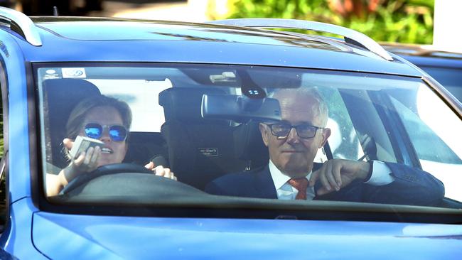 Former Prime Minister Malcolm Turnbull arrives at his home in Point Piper, Sydney being driven by his daughter Daisy. Picture: James Croucher