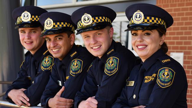 The first of 114 new protective security officers enlisted as part of the state’s Covid-19 response, Matthew, Arbab, Tim and Dimple. Picture: SA Police