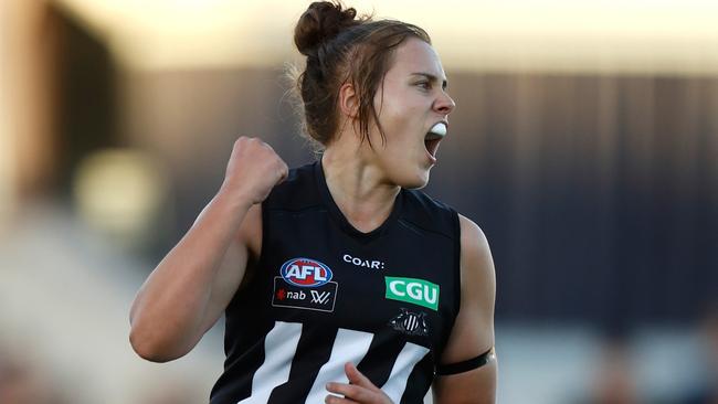 Jasmine Garner celebrates kicking the first goal in AFLW history last year. Picture: Getty