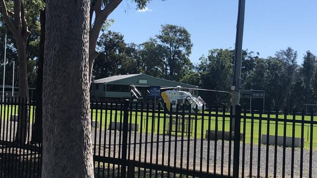 The CareFlight rescue helicopter has landed at Adelaide St Oval after a man fell through a garage roof. Picture: supplied