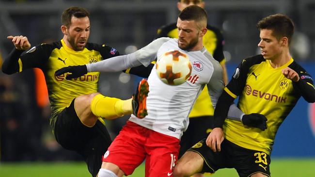 Valon Berisha (centre) has joined Melbourne City. Picture: AFP / Patrik STOLLARZ