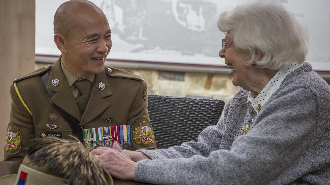 Warrant Officer Class One Darren Wasley (WO1) meets former RAAF nurse Val Lawrence who was part of Operation Babylift. Picture: ADF/SGT Murray Staff.