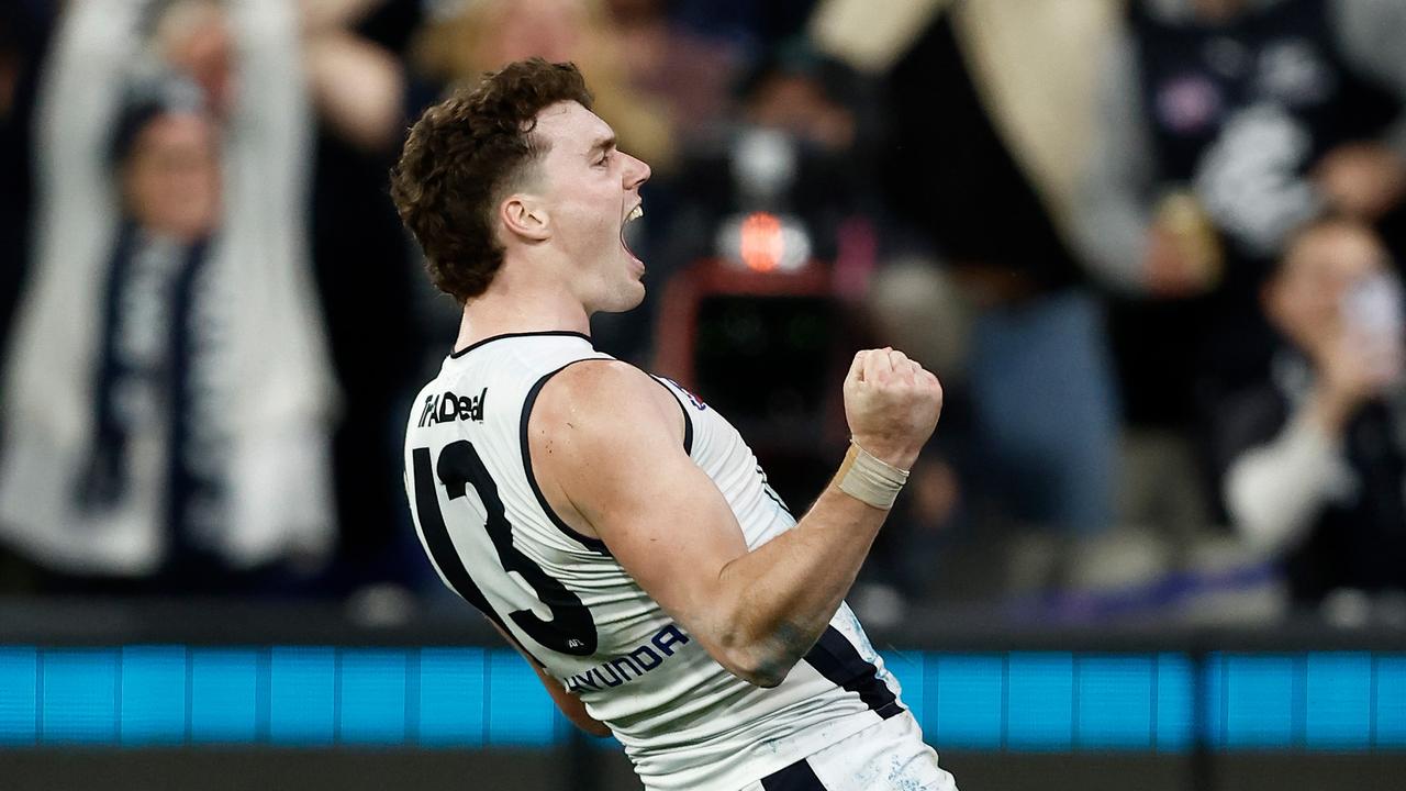 Blake Acres kicked the last-minute winner to thunderous roars at the MCG in Friday night’s semi-final against Melbourne. Picture: Michael Willson / Getty Images
