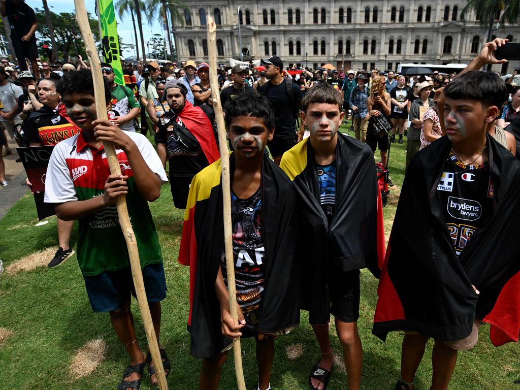 Protesters at the Brisbane Invasion Day rally. Picture: NCA Newswire / Dan Peled