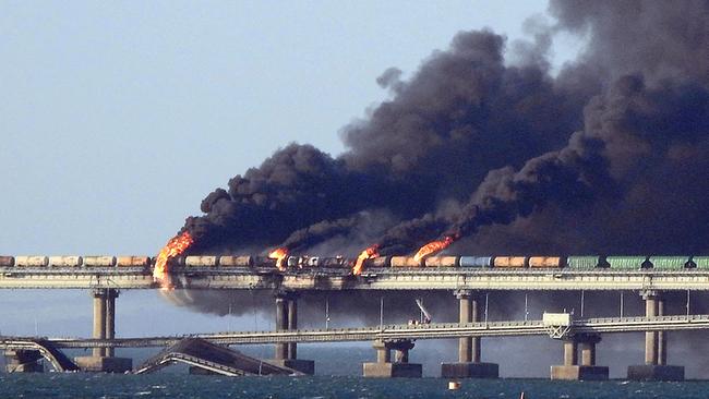 The bridge previously suffered in October 2022 after a truck exploded. The Russian-built Crimean bridge links mainland Russia and Moscow-annexed Crimea. Picture: AFP