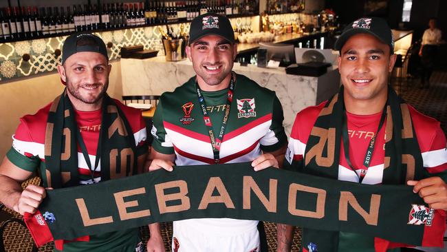 Robbie Farah, Tim Mannah and Michael Lichaa at Zahli Lebanese Restaurant in Surry Hills for the launch of the Lebanon jumper. Picture. Phil Hillyard