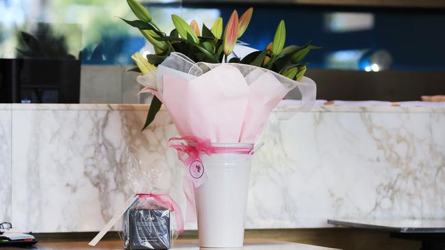 Flowers are sent to a guest staying in hotel quarantine. Picture: Scott Powick.