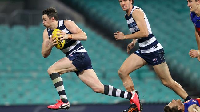 Patrick Dangerfield bursts out of the middle against Brisbane. Picture. Phil Hillyard