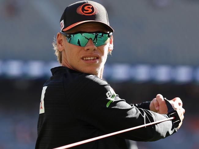 Cooper Connolly of the Scorchers warms up during the BBL match between Perth Scorchers and Adelaide Strikers at Optus Stadium, on January 18, 2025, in Perth, Australia. (Photo by Paul Kane/Getty Images)