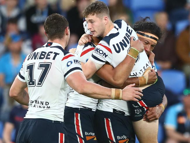 GOLD COAST, AUSTRALIA - JUNE 12: Sam Walker of the Roosters celebrates a field goal during the round 14 NRL match between the Gold Coast Titans and the Sydney Roosters at Cbus Super Stadium, on June 12, 2021, in Gold Coast, Australia. (Photo by Chris Hyde/Getty Images)