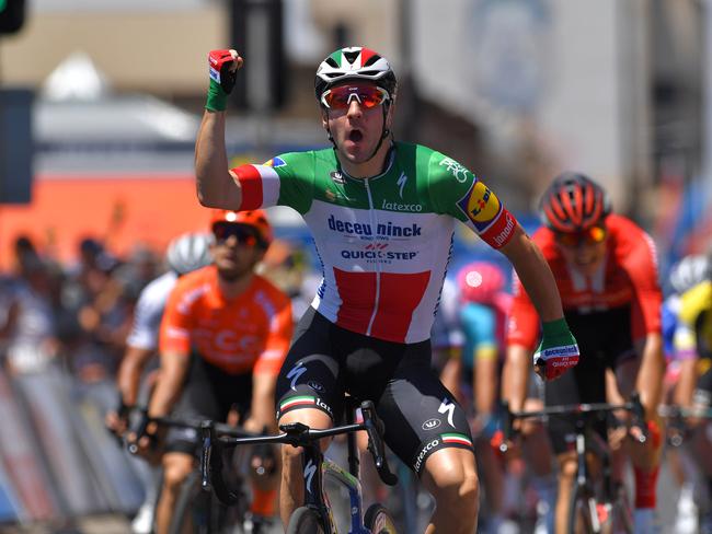 ADELAIDE, AUSTRALIA - JANUARY 15: Arrival / Elia Viviani of Italy and Deceuninck - Quick-Step Team / Celebration / during the 21st Santos Tour Down Under 2019 , Stage 1 a 129km stage from Adelaide to Adelaide / TDU / on January 15, 2019 in Adelaide, Australia. (Photo by Tim de Waele/Getty Images)