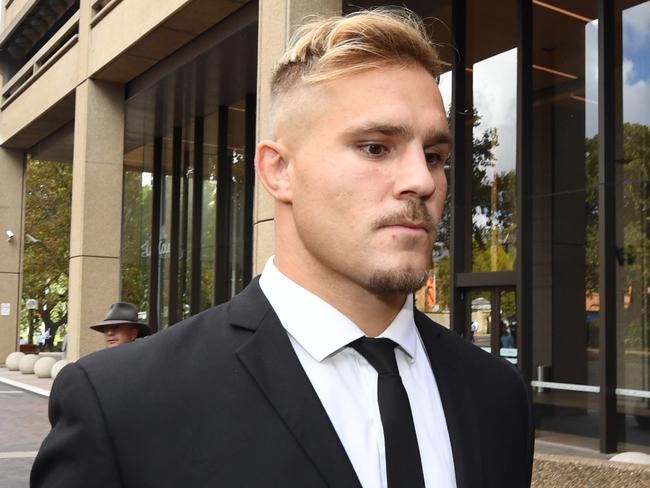 Jack De Belin leaves the NSW Federal Court in Sydney, Monday, April 15, 2019. Jack de Belin is challenging the NRL's no-fault stand down policy after he was charged with sexual assault in December. (AAP Image/Peter Rae) NO ARCHIVING