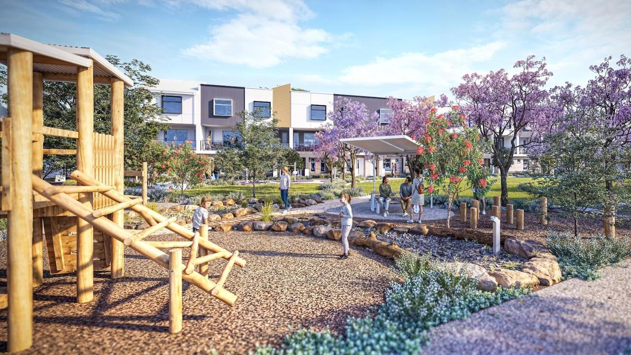 Artist impressions the townhouses that are now on the market, and the park that takes up the centre of the Prospect Corner housing development. Picture: Renewal SA