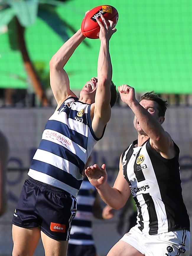 Yarrawonga’s Cameron Wilson takes a strong mark. Picture: Yuri Kouzmin