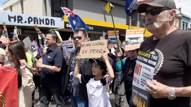 Business owners and residents of Richmond protest against the location of the safe injecting room. Picture: Tony Gough