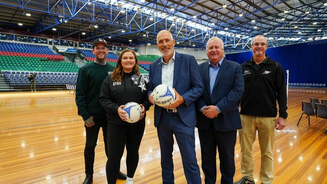 Extra funding has been allocated for Silverdome upgrades on Friday.  Left to right, Launceston Mayor Matthew Garwood, Northern Tasmania Netball Association Director of Operations Claire Russell, Sports and Events Minister Nick Duigan, Parliamentary Secretary for Youth Engagement Rob Fairs and Launceston Basketball Association President Craig Gibson. Picture: Supplied