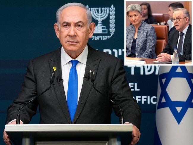 Israeli Prime Minister Benjamin Netanyahu. Inset: Foreign Minister Penny Wong, Prime Minister Anthony Albanese.