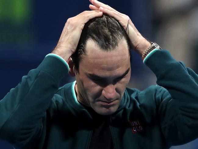 DOHA, QATAR - MARCH 10: Roger Federer of Switzerland celebrates winning his match against Dan Evans of Great Britain on Day 3 of the Qatar ExxonMobil Open at Khalifa International Tennis and Squash Complex on March 10, 2021 in Doha, Qatar. (Photo by Mohamed Farag/Getty Images)