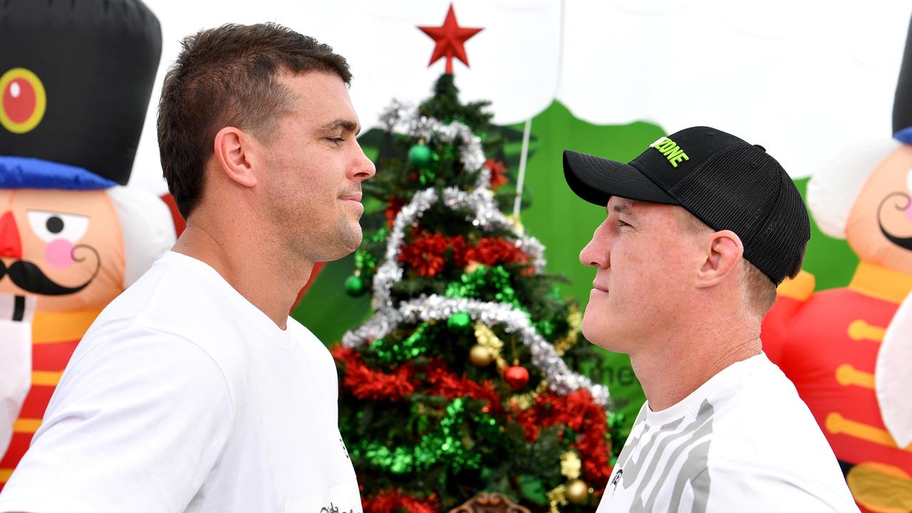 Darcy Lussick and Paul Gallen face off at a Christmas-themed media event at Moore Park. Picture: Gregg Porteous