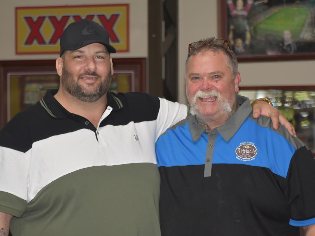 Nicholas Amos and publican Andrew Guthrie at O'Shea's Hotel Walkerston less than 48 hours after Nicholas Amos was shot in an alleged carjacking gone wrong. Picture: Lillian Watkins