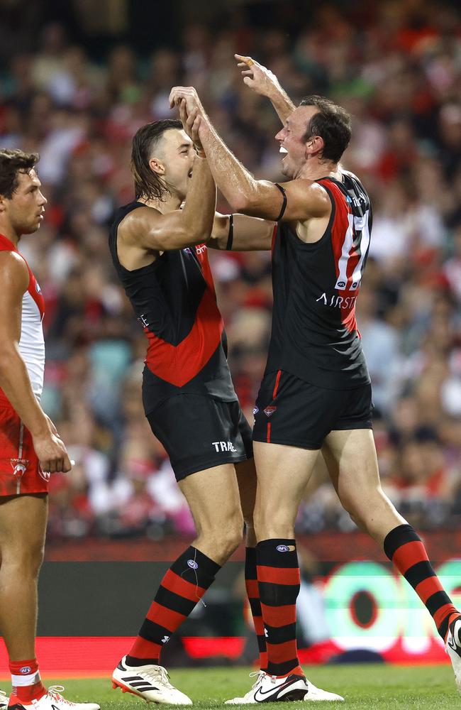 Sam Draper (left) and Todd Goldstein have played six out of eight matches together in the ruck, forming a solid partnership at the Bombers. Picture: Phil Hillyard