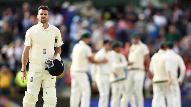 PERTH, AUSTRALIA — DECEMBER 18: James Anderson of England looks dejected after Australia claim victory during day five of the Third Test match during the 2017/18 Ashes Series between Australia and England at WACA on December 18, 2017 in Perth, Australia. (Photo by Ryan Pierse/Getty Images)