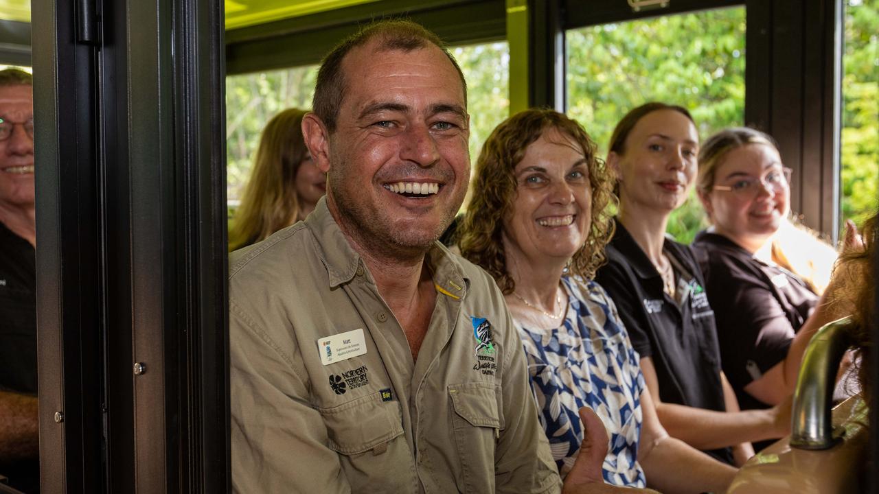 Matthew Lamb excited at the unveiling of two new electric trains at the Territory Wildlife Park, February 7, 2025. Picture: Pema Tamang Pakhrin