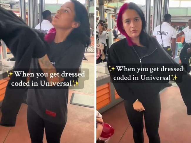 A woman was dress-coded as she tried to make her way inside one of the world’s biggest theme parks. Picture: TikTok/@mommashive