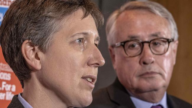 ACTU Secretary Sally McManus speaks at the media at last year’s ACTU Congress in Brisbane alongside National President of the Australian Labor Party and former Australian Treasurer Wayne Swan. Picture: Glenn Hunt