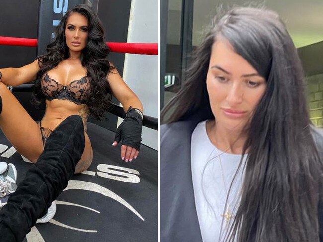 Arabella Del Busso during her boxing career, left, and outside Sutherland Local Court in March, 2023. Pictures: Supplied/News Corp