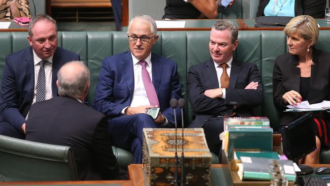 Deputy PM Barnaby Joyce, PM Malcolm Turnbull, Christopher Pyne and Julie Bishop talking to Treasurer Scott Morrison in the House of Representatives Chamber.