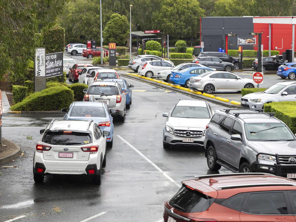 People queuing for McDonalds at Wynnum West. Picture: Richard Walker