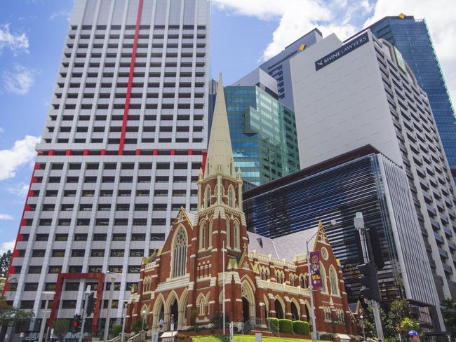 The Albert Street Uniting Church in King George Square, Brisbane. The old and new sit alongside each other in the heart of the city.