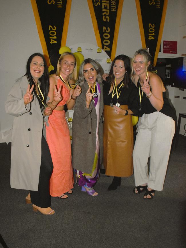 The Mirboo North Football Netball Club Tigers Presentation Night 2024 on Saturday, September 21, 2024: Ashlee Hilliar, Lily Maxwell, Jessie Holland, Stacey Harriage and Christina Stoertebecker. Picture: Jack Colantuono