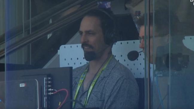 Mitchell Johnson watches David Warner smash boundaries. Photo: Channel 7.