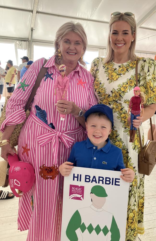 Jennifer Acton (left) with daughter Jessica and Jessica’s daughter Tommy - as they cheer Hi Barbie in the Magic Millions in honour of the late Alan Acton. Picture: Ben Dorries