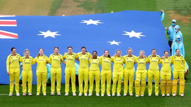 Australia stand for the national anthems ahead of their semi-final against the West Indies. Picture: AFP