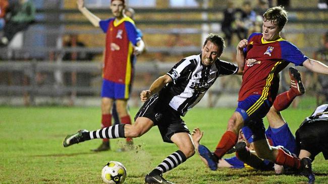 Bingera's Joshua Watson attempts a shot at goals. Picture: Mike Knott BUN170617SOCCER5