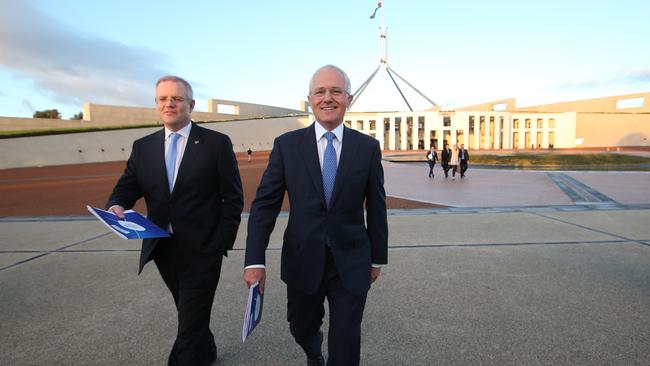 Scott Morrison and Malcolm Turnbull outside Parliament House this morning.