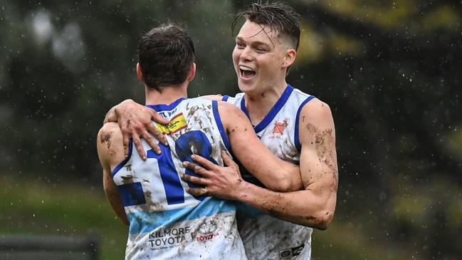 Kilmore players celebrate a goal. Pictures: Nathan McNeill.