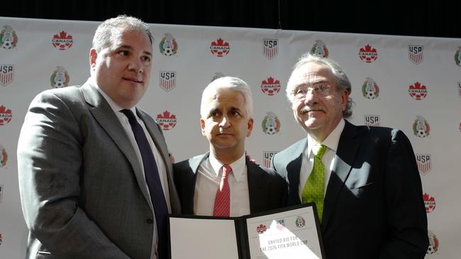 Canada’s Victor Montagliani, America’s Sunil Gulati and Mexico’s Decio de Maria announce their joint bid to host the 2026 World Cup.