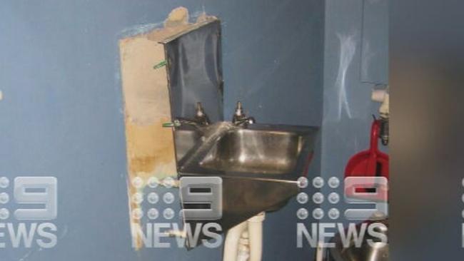 A prison sink ripped from a wall at Yatala. Picture: 9 NEWS