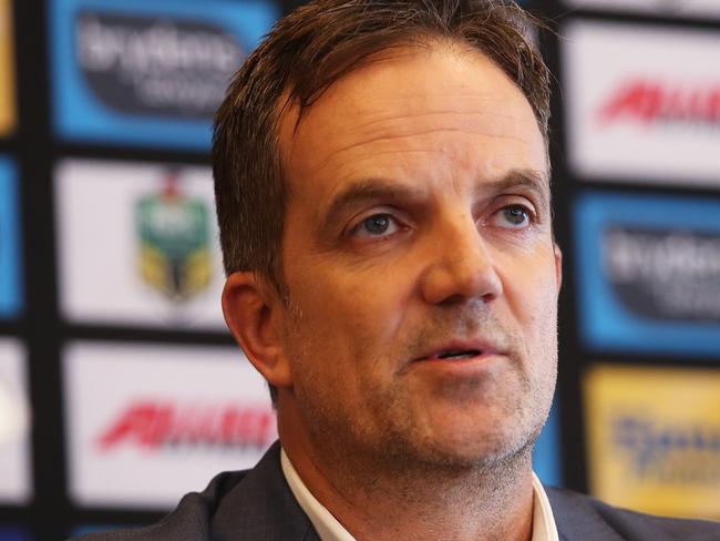 Wests Tigers NRL CEO Justin Pascoe and Chair Marina Go answer questions during a press conference at Wests Ashfield Leagues Club after the termination of coach Jason Taylor. Picture: Brett Costello