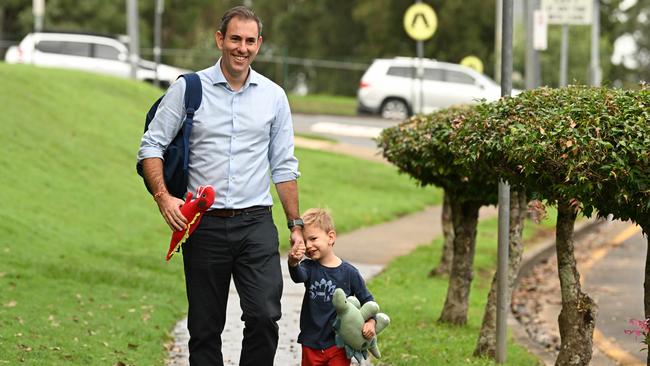 On the final day of the campaign, Labor Treasury spokesman Jim Chalmers still found time to walk his son Jack, 3, to pre-school. Picture: Lyndon Mechielsen