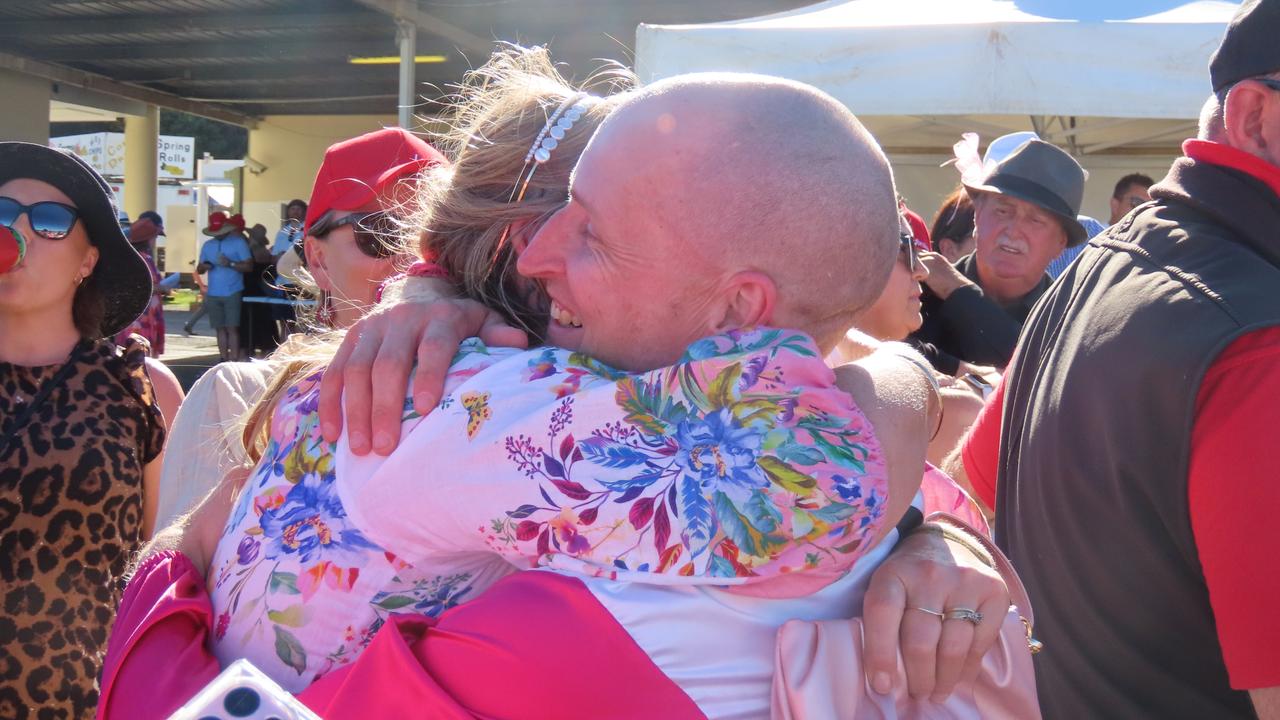 Devonport Cup-winning jockey Craig Newitt hugs Wendy Smith, the mother of his fiancee Bree Smith, after his eighth win in the race. Picture: Jon Tuxworth