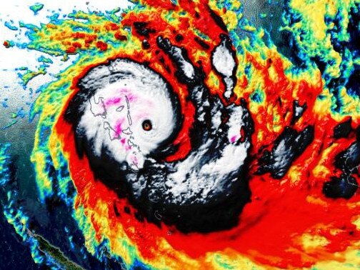 A satellite image shows cyclone Harold slamming into the pacific island of Vanuatu on Monday. Supplied