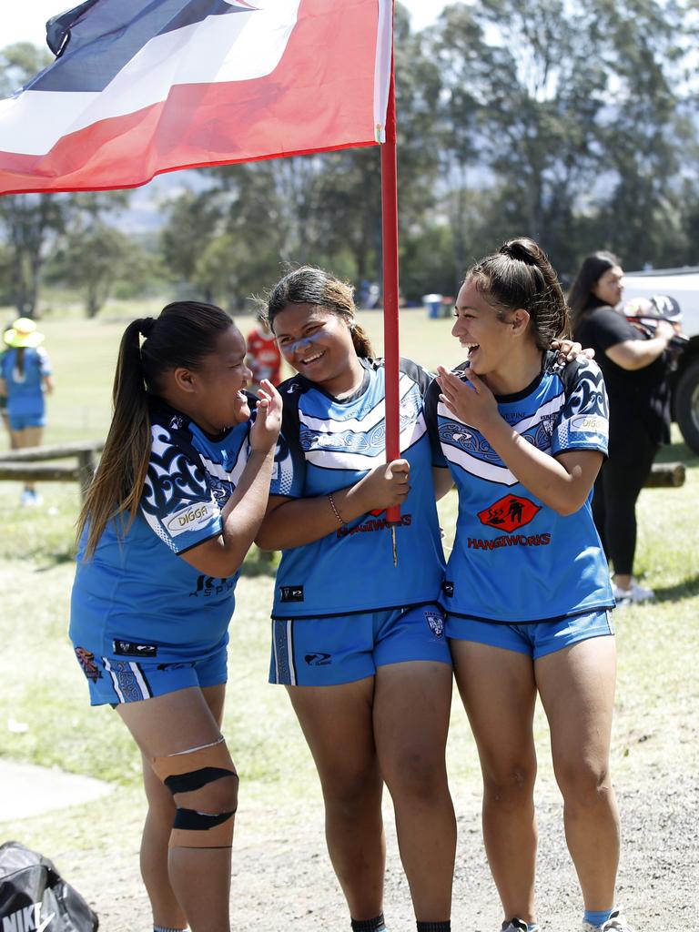 L to R: Navara Mataipule -16, Felila Fakalelu -15 and Maia Stowers -15 playing for Maori U16s. Harmony Nines Rugby League. Picture: John Appleyard