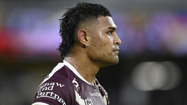 TOWNSVILLE, AUSTRALIA - JULY 06: Haumole Olakau'atu of the Sea Eagles looks on during the round 18 NRL match between North Queensland Cowboys and Manly Sea Eagles at Qld Country Bank Stadium, on July 06, 2024, in Townsville, Australia. (Photo by Ian Hitchcock/Getty Images)