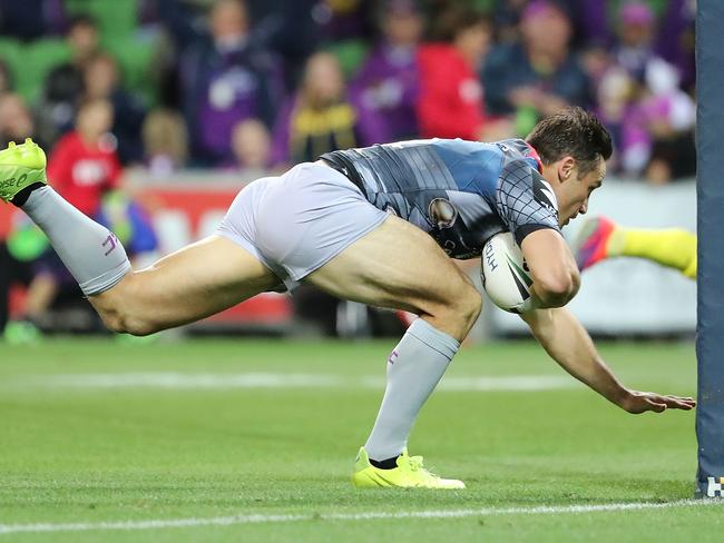 Cooper Cronk scores a try during the Melbourne Storm’s win over Penrith. Picture: Getty Images